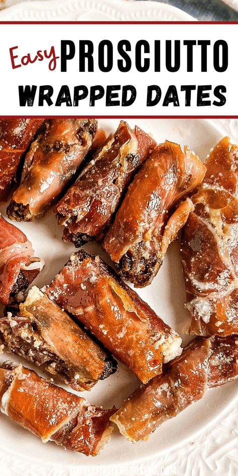 These prosciutto appetizer snacks are stuffed with dates and cheese. They are the perfect sweet and salty finger food for parties. Serve these at Christmas parties or other gatherings. These are crispy on the outside and soft on the inside. One of my favorite prosciutto recipes.  via @simpleitalian Charcuterie Board Ideas Prosciutto, Crispy Prosciutto Cups, Appetizer With Prosciutto, Prochutto Appetizer Recipes, Make Ahead Finger Foods For A Crowd, Proscuitto Appetizers Simple, Light Italian Appetizers, Procuitto Appetizer Recipes, Procuttio Appetizers