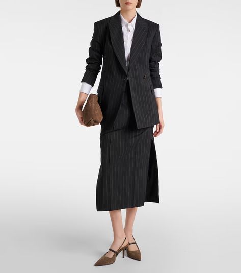 Pinstripe wool and cotton midi skirt in black - Brunello Cucinelli | Mytheresa Midi Skirts Style, Oversized Sweater Outfit, Cotton Shirts Women, Cotton Midi Skirt, Blazer Beige, Cotton Blazer, Black Midi Skirt, Long Sleeve Blazers, Linen Blazer