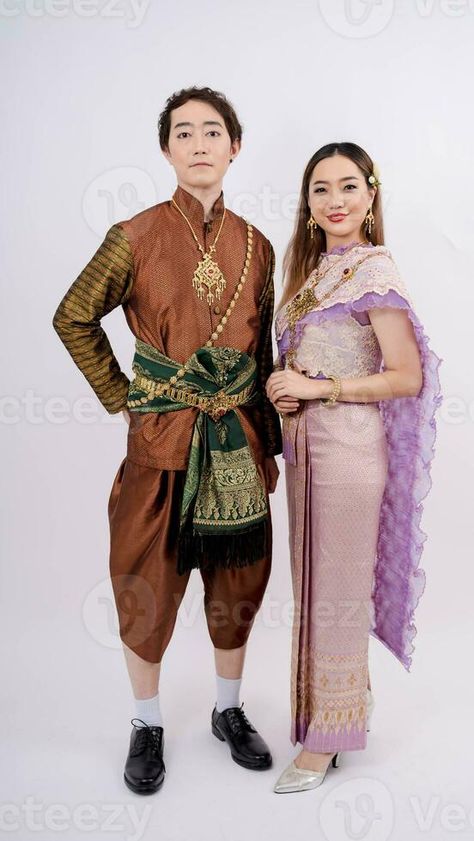 Asian women and Men in traditional thai costume smiling isolated on white background, Thailand traditional culture Men In Traditional, Thailand Traditional, Thai Costume, Thai Wedding Dress, Thai Culture, Thai Wedding, Traditional Culture, Thai Dress, Wedding People