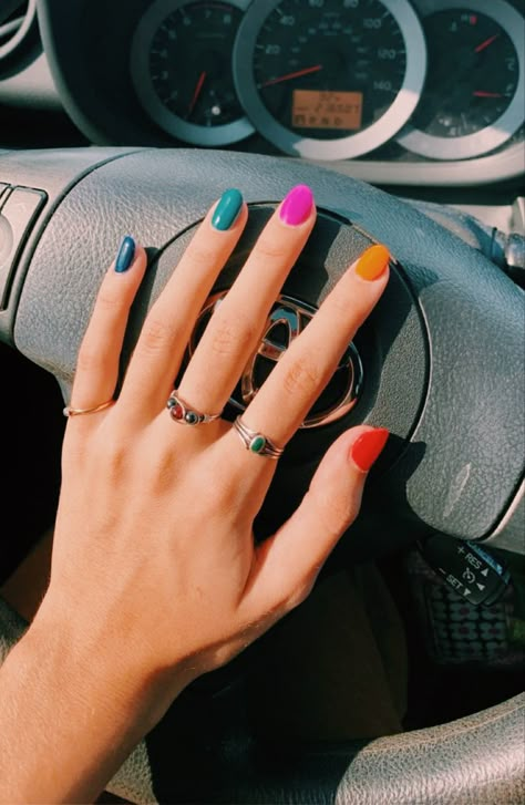 Nails Inspiration Multicolor, Funky Nail Colors, Interesting Nail Colors, Every Nail A Different Color, Multicolor Spring Nails, All Nails Different Colors, Fall Colorful Nails, Multiple Nail Color Ideas, Fun Solid Color Nails