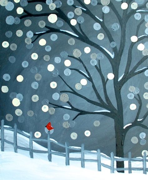 Scarlet Winter - Pinot's Palette Oppgaver For Barn, Wine And Canvas, Christmas Paintings On Canvas, Winter Painting, Christmas Canvas, Red Bird, Paint And Sip, Night Painting, Winter Art