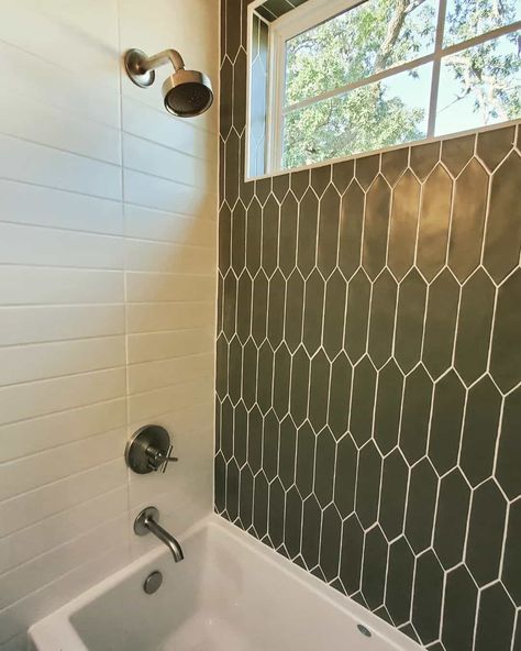 Green Picket Tile Bathroom Wall Ideas - Soul & Lane Green Picket Tile, Shiplap Tub Surround, Picket Tile Bathroom, Bathroom Wall Ideas, Tub Surround Ideas, Picket Tile, Shower Window, Window In Shower, Tiled Shower