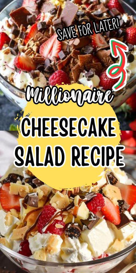 Easy Millionaire Cheesecake Salad Cheesecake Fruit Salad Roll Ups, Fruit Salad Cheesecake, Cheesecake Salad, Millionaires Cheesecake, Cheesecake Fruit Salad, Condensed Milk Recipes, Dessert Salads, Fruit Salad Recipes, Chocolate Sauce