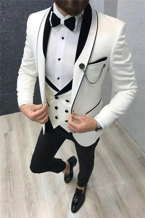 White Wedding Tailcoats with Black Lapel Groom Suits For Men's PartyThree Piecess Terno Slim Fit, Tuxedo Colors, Groom Suits, Black Suit Wedding, Groom Tuxedo, Wedding Suits Groom, Slim Fit Tuxedo, White Tuxedo, Groomsmen Suits