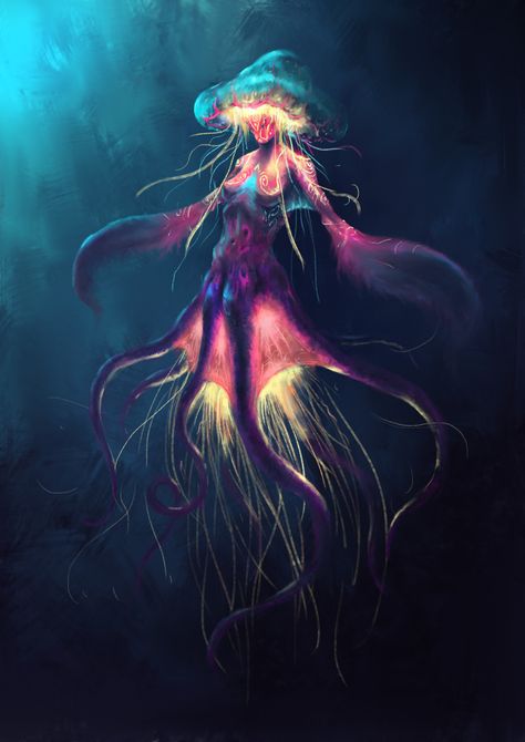 Ocean Themed Dnd Character, Magical Sea Creatures Fantasy Art, Half Human Half Sea Creature, Mythical Sea Creatures Art, Jellyfish Character Design Male, Deep Sea Character Design, Ocean Monsters Deep Sea Creature, Water Monster Art, Jellyfish Alien