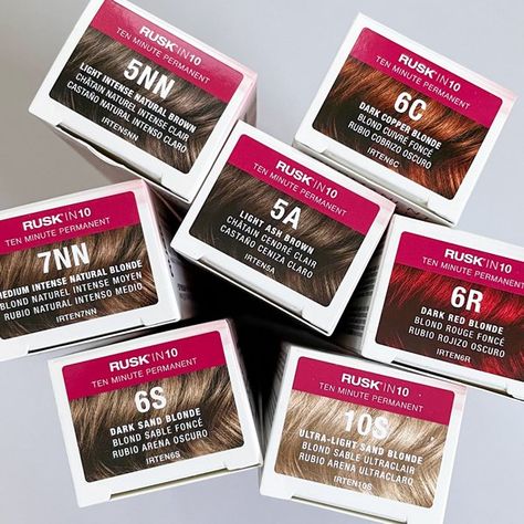 Ten-minute processing time. Rich, dimensional color. 100% total gray coverage. Vegan & cruelty-free. With all of these benefits (and more!), the Rusk in 10 permanent creme hair color line is a perfect 10 for the professional stylist. And now, Rusk has added 7 new shades so you can have even more flexibility and creativity when coloring: 5NN, 7NN, 5A, 6C, 6R, 6S and 10S. Reinvent your appointment book with Rusk in 10 for clients on-the-go, as a touch-up service, or a suggested add-on service! Rusk Hair Color Formulas, Light Ash Brown, Copper Blonde, Hair Color Formulas, Red To Blonde, Dimensional Color, Gray Coverage, Dark Copper, Professional Stylist