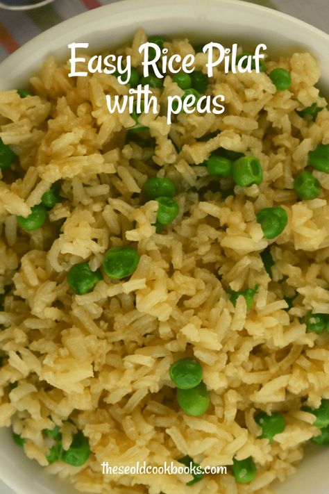 Easy Rice Pilaf with Peas Recipe - These Old Cookbooks Basmati Rice Recipes Easy, Garlic Rice Pilaf, Chickpea And Rice, Basmati Rice Pilaf, Vegetable Rice Pilaf, Easy Rice Pilaf, Brown Rice Pilaf, Basmati Rice Recipes, Rice Pilaf Recipe