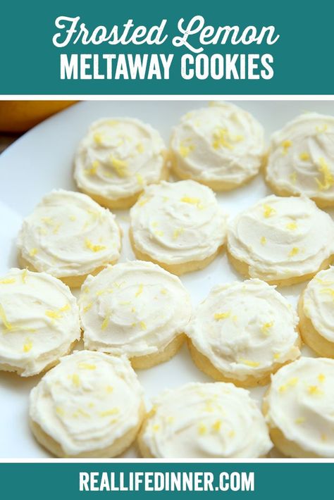 Little delicious butter cookies that melt in your mouth, with a sweet and tart lemon frosting on top that compliments them perfectly. Lemon Cookies With Frosting, Lemon Frosted Cookies, Lemon Meltaway Cookies Recipes, Frosted Lemon Cookies, Lemon Meltaway Cookies, Lemon Meltaways, Melting Moments Cookies, Pinterest Collage, Meltaway Cookies