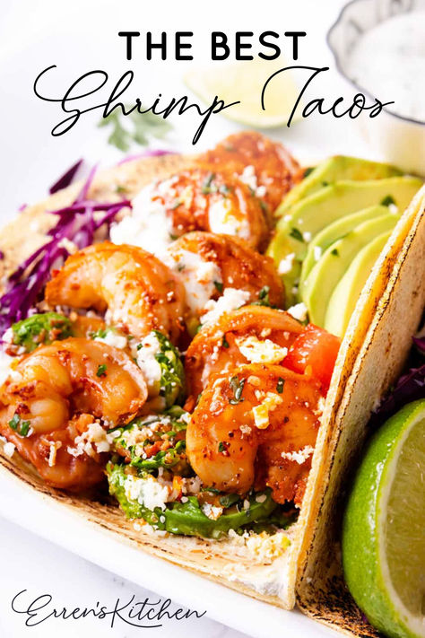 Juicy shrimp with Mexican inspired spices and fresh cilantro, served on a flour tortilla with a lime crama. Quick, easy, and extremely satisfying.

This easy, spicy shrimp tacos recipe is great for busy nights! Serve alongside guacamole and homemade salsa for a fresh, spicy meal everyone will love.  The perfect recipe for your taco tuesday dinners!

Head to errenskitchen.com for easy, delicious, and even quick recipes for breakfast, lunch, dinner, drinks, and desserts! Easy Shrimp Tacos Simple, Mexican Prawns, Shrimp Taco Seasoning, Prawn Tacos, Shrimp Tacos Recipe, Spicy Grilled Shrimp, Taco Tuesday Recipes, Shrimp Tacos Easy, Tuesday Recipes