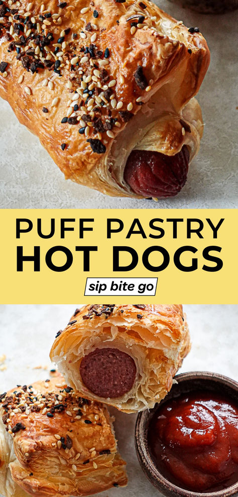 Puff Pastry Hot Dogs Recipe images with text overlay Hot Dogs Wrapped In Puff Pastry, Bacon Wrapped Hotdogs, Wrapped Hot Dogs, Hot Dog Rolls, Asian Side Dishes, Hot Dogs Recipes, Everything Bagel Seasoning, Wonton Recipes, Bagel Dog