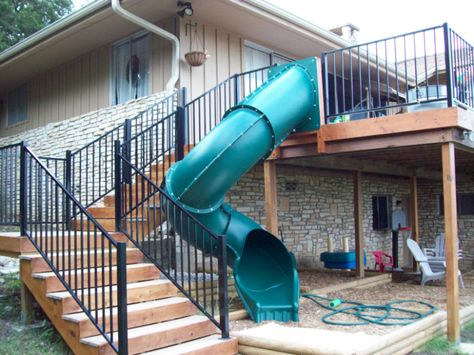 A slide is a great way to add fun and uniqueness to your two story deck.  Plus the kids will love it! Two Story Deck, Deck Slide, Second Story Deck, Diy Deck, Backyard Games, Backyard Deck, Hus Inspiration, Deck Railings, Dream Backyard