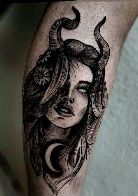 Witchy Pinup Tattoo, Aries Girl Tattoo, Taurus Girl Tattoo, Malificent Tattoo Design, Female Devil Tattoo, Lilith Tattoos, Demon Woman Tattoo, Lilith Tattoo Ideas, Lilith Tattoo Design