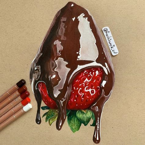 Realistic Drawings Colour, Color Pencil Art Realistic, Carandache Luminance, Chocolate Drawing, Strawberry Drawing, Fruit Art Drawings, Colored Pencil Art Projects, Digital Art Software, Prismacolor Art