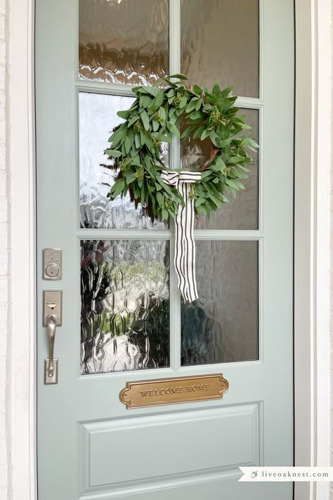 Front Porch Refresh Eucalyptus Real Touch Wreath Front Door Clear Glass, Front Door French Country, All Glass Front Door French, Front Door 3/4 Window, White Cottage Green Door, Easter Front Porch Decor, Country Front Door, Easter Front Porch, Summer Front Porch Decor