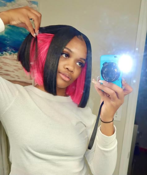 Peakaboo Bob Side Part, Black Bob With Pink Underneath, Side Part Peek A Boo Bob, Bob With Pink Underneath, Peekaboo Hair Color Black Women Bob, Bob Quick Weave Hairstyles With Color, Middle Part Bob With Color, Peek A Boo Bob Black Women, Bob With Color Underneath