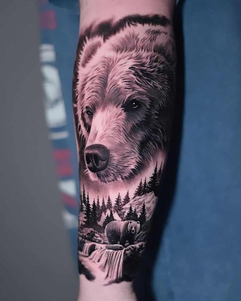 Bear It All: A Guide To Choosing The Perfect Bear Tattoo Bear Tattoos For Men Forearm, Bear Arm Tattoo, Realistic Bear Tattoo, Tattoos For Men Forearm, Bear Tattoos For Men, Geometric Bear Tattoo, Elk Drawing, Grizzly Bear Tattoos, Black Bear Tattoo