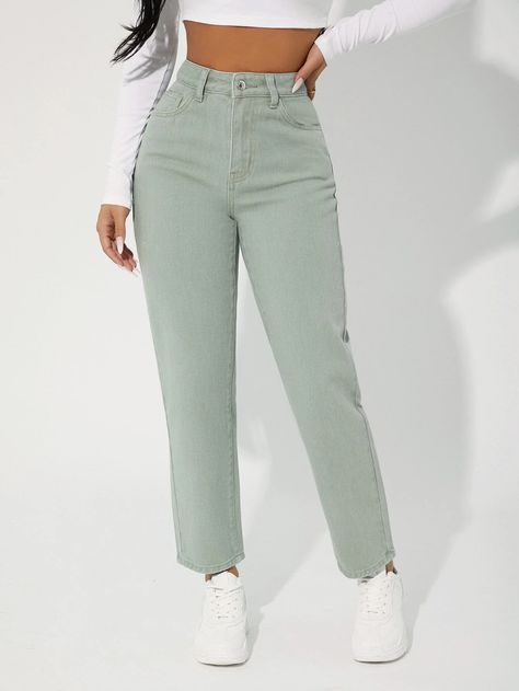 Green Jeans Outfit, Mint Green Jeans, Mommy And Baby Pictures, Straight Leg Jeans Outfits, Coran Islam, Green Outfit, Petite Jeans, Denim Women, Straight Leg Jeans