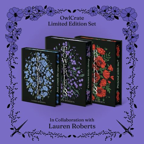 Hey Book Owls, we are so excited to announce our OwlCrate Limited Edition ✨POWERLESS SET✨ in collaboration with @laurenrobertslibrary⁠ ⁠ This set will include books 1 and 2 in the series (Powerless & Reckless), as well as the novella (Powerful). Please note the Powerful novella will be a smaller sizing to Powerless & Reckless.⁠ ⁠ Our Limited Edition ✨POWERLESS SET✨ will feature: ⁠ 💜 Exclusive redesigned covers illustrated by @julie.reinhart_ ⁠ 💙 Reversible dust jackets by @giannyfili⁠ ❤️ Har... Reckless Book Cover, Limited Edition Book Covers, Powerless Special Edition, Powerless Book Cover, Book Corner Ideas Bedroom, Dream Bookshelf, Cose Aesthetic, Book Rebinding, Powerless Trilogy