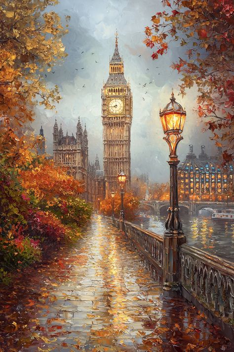 🍂✨ Experience the magic of autumn evenings in London! 🌆🎨 This stunning oil painting captures the essence of Big Ben, an elegant old street lamp, and the soft, mysterious fog that blankets the streets. The hyper-realistic details and romantic lighting create an enchanting atmosphere that transports you to this iconic city. Perfect for adding a touch of London charm to your home! 🕯️❤️ #ArtLovers #London #BigBen #AutumnVibes #HomeDecor... Autumn City Painting, Old Street Lamp, Cobblestone Pathway, London Clock Tower, London Bigben, London Landscape, Wet Pavement, London Poster, Street Painting