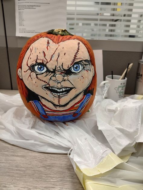 Chucky Pumpkin Painting, Chucky Pumpkin, Halloween Pumpkin Designs, Pumpkin Designs, Pumpkin Painting, Pumpkin Design, Painted Pumpkins, Halloween Pumpkin, Dia De Muertos