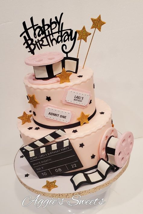 Pink Movie Night Birthday Cake! Movie Time Birthday Party, Movie Themes Birthday Party, Pink Movie Birthday Party, Sweet 16 Movie Party Ideas, Acting Birthday Party Ideas, Movie B Day Party Ideas, Birthday Ideas Movie Night, Movie Birthday Cakes, Movie Cakes Birthday