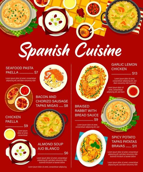 Spanish cuisine vector menu Spain meals price list Danish Cuisine, Chicken Paella, Restaurant Menu Covers, Georgian Cuisine, Tapas Restaurant, Appetizer Dishes, Spanish Cuisine, Restaurant Dishes, Fish And Meat