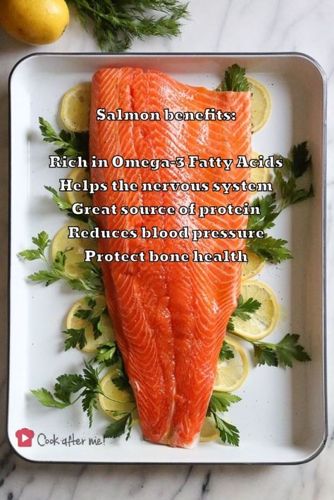 Salmon benefits: Rich in Omega-3 Fatty Acids Helps the nervous system Great source of protein Reduces blood pressure Protect bone health #salmon #omega3fattyacids #nervoussystem #goodprotein #bloodpressure #BoneHealth #cookafterme Salmon Benefits, Source Of Protein, Omega 3 Fatty Acids, The Nervous System, Best Protein, Protein Sources, Bone Health, Omega 3, Nervous System