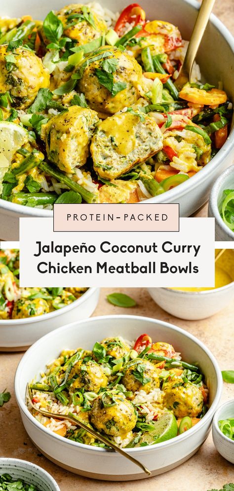 Mango Jalapeno Chicken Meatballs, Summer Curry Recipes, Summer Dinner Meal Prep, Chicken Meatball Bowls, Yellow Coconut Curry, Curry Chicken Meatballs, Meatball Bowls, Meatballs Healthy, Protein Dinner Recipes