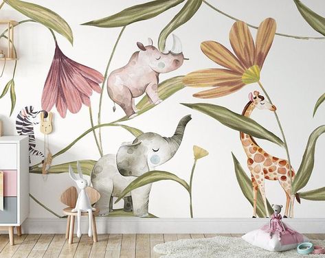 Kids Wallpaper Self Adhesive Peel and Stick Safari Animals | Etsy Under Stairs Room, Lemon Room, Nursery Murals, Animals With Flowers, Peel N Stick Wallpaper, Lotus Flower Wallpaper, Kids Room Wall Murals, Wallpaper Jungle, Mural Nursery