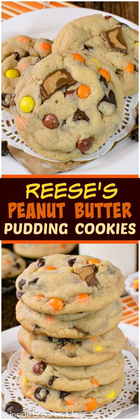 Reese's Peanut Butter Pudding Cookies - this soft and chewy cookie recipe is loaded with chocolate and candy! Great dessert to fill the cookie jar with! #cookies #peanutbutter #puddingcookies #reesespeanutbuttercups #cookiejar #recipe #chocolatechipcookies #bestpuddingcookies Peanut Butter Pudding Cookies, Peanut Butter Pudding, Creamy Cake, Eggnog Cake, Weight Watcher Desserts, Cookie Recipes Chewy, Dessert Oreo, Butter Pudding, Cake 5