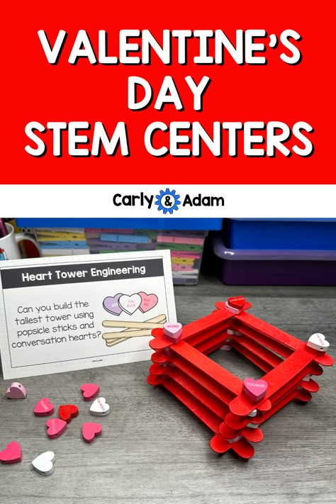 Valentine's Day STEM Centers (Valentine's Day STEM Challenge) Science Experiment Valentines, Valentines Activity 1st Grade, First Grade Valentine’s Day Activities, Valentine Center Ideas For Preschool, Valentine Building Activity, Valentines Building Activities, Valentines Maths Activities, Valentine's Day Centers For Kindergarten, Valentine’s Day School Parties