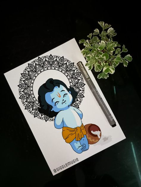 Janmashtami Mandala Art Easy, Krishna Doodle Art Easy, Drawing Ideas Easy Mandala, Cute Doodle Art Easy, Janmashtami Drawing Ideas, Bhagwan Drawing, Krishna Mandala Art, Janmashtami Drawing, Doodle Art Easy