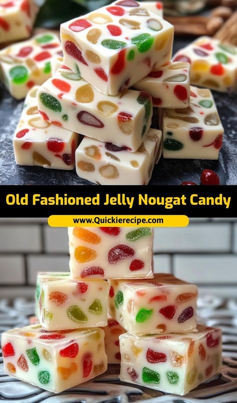 This old fashioned jelly nougat candy is the best nougat for a nostalgic sweet treat. Soft, chewy, and filled with fruity jelly, it’s the ultimate candy for holiday memories Jelly Nougat Candy, French Nougat Recipe, Soft Nougat Recipe, Jelly Nougat, Gumdrop Nougat, Old Fashioned Christmas Candy, Nougat Recipe, Nougat Candy, Hard Candy Recipes