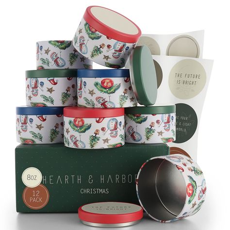 PRICES MAY VARY. CANDLE TINS 8 OZ: Set of 12 candle tins with lids for candle making, 8 oz = 1 cup = 236 mL capacity. Size: 2.36” tall; 2.95” diameter. Includes 12 round tins with lids in pretty holiday designs. METAL CANISTER SET: Use these small round containers for candle making, DIY crafts, slime containers, & more. Also ideal for organizing small items like pills, beads, screws, candies, buttons, coins, cosmetics, lip balms, creams, etc. PREMIUM QUALITY: Seamless construction made of durabl Diy Candle Containers, Diy Crafts Slime, Candle Making Diy, Crafts Slime, Slime Containers, Christmas Candles Diy, Candle Tins, Making Candles Diy, Making Candles