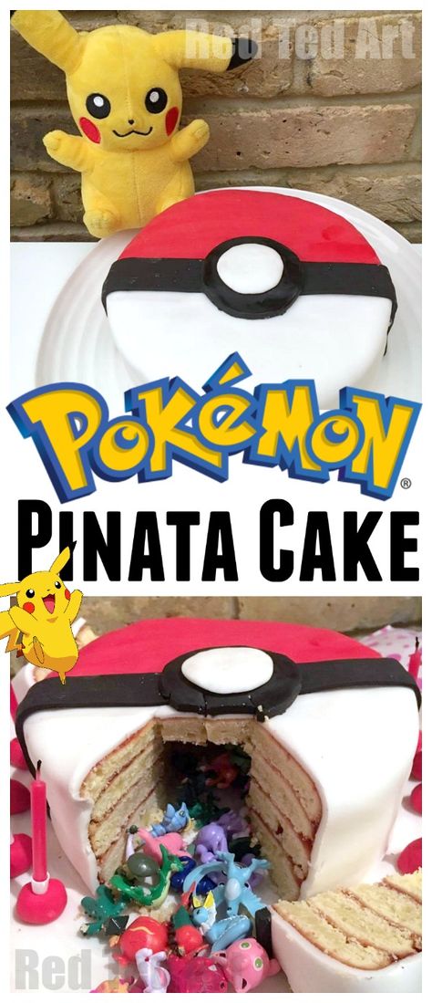 DIY Pokemon Cake - Surprise Pinata Pokeball Cake - Red Ted Art Diy Pokemon Cake, Pokemon Pinata, Pokemon Torte, Cake Pinata, Birthday Cake Diy, Cake Pokemon, Pokeball Cake, Birthday Cake Kids Boys, Pokémon Cake