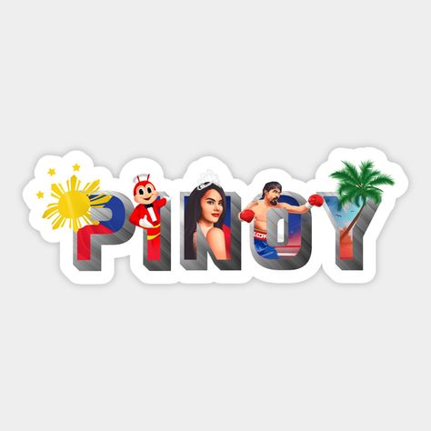 Hi there, Mabuhay! P.I.N.O.YHere you will a see a design of a pop-cultured version of filipino pride. A cartooned vexel art that includes our philippines flag, our famous fast-food Jollibee, our very own miss universe Ms.Catriona Gray, one of the greatest professional boxers of all time Manny Pacquiao, and lastly a landscape design of beach which philippines are famous for. Hope you like it! " It's more fun in the philippines " -- Choose from our vast selection of stickers to match with your fav Its More Fun In The Philippines, Filipino Aesthetic Background, Food Jollibee, Flag Philippines, Philippines Art, Philippine Culture, Performance Task, Pinoy Quotes, Catriona Gray