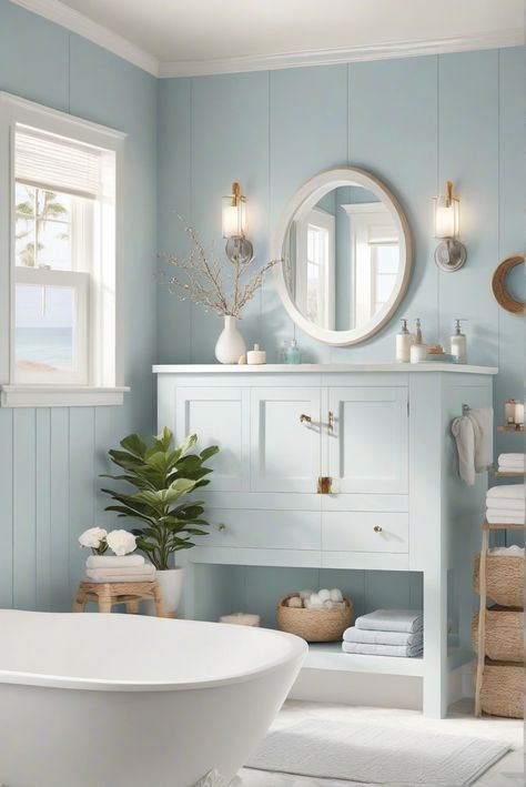 Unwind with soothing coastal blues in your bathroom this winter solstice! Dive into a daily interior designer routine for a crisp and cool space. #Ad #homedecor #homedesign #bathroom #Painthome interiorarchitecture best Wall Colors for Bathroom Colors Bright Room Colors best colors combinations bathroom bathroom Remodeling Modern Paint Colors 2024 Light Blue Small Bathroom, Light Blue Bathrooms, Powder Blue Bathroom, Pale Blue Bathroom, Blue Small Bathrooms, Trending Bathroom Colors, Blue Bathroom Paint, Paint Colors 2024, Bright Room Colors