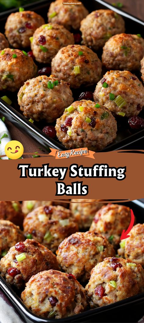 Enjoy the essence of Thanksgiving any time with Turkey Stuffing Balls, where savory stuffing is mixed with bits of turkey and baked until crispy on the outside and moist inside. Serve them with cranberry sauce or gravy for a festive treat. #TurkeyStuffing #HolidayFavorites #EasyAppetizers Turkey Stuffing Balls Recipe, Dressing Balls Recipe, Turkey Balls, Stuffing Balls Recipe, Ham Balls, Turkey And Stuffing, Stuffing Balls, Turkey Stuffing, Leftover Turkey Recipes