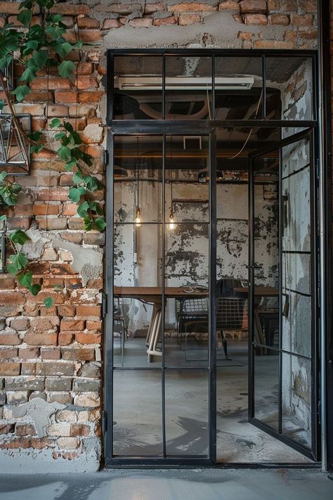 Glass Industrial Door, Industrial Style Architecture, Industrial Living Room Ideas, Industrial Style Restaurant, Industrial Hotel, Warehouse Restaurant, Industrial Doors, Warehouse Interior, Industrial Living Room