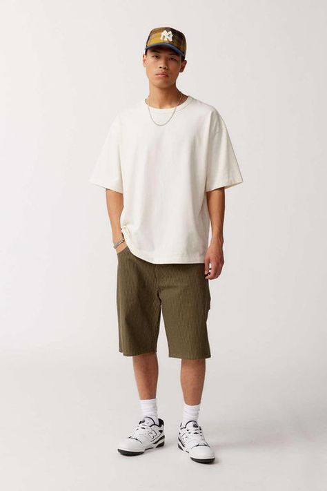 Men's Standard Cloth Oversized Boxy Tee - White - Short sleeve t-shirts Heavyweight brushed cotton t-shirt by Standard Cloth in a relaxed and boxy fit. Drop shoulder style with short sleeves and a ribbed knit crew neck. Finished with a notched straight hem. Urban Outfitters exclusive. Features. Model in Ivory is 6'2" and wearing size Medium Measurem. Drop Shoulder Tshirt, Boxy Tee, T Shirt And Shorts, White Short, Brushed Cotton, Oversized Tshirt, Drop Shoulder, Cotton T Shirt, Mens Shorts