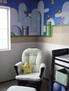 Super Mario Nursery, Mario Nursery, Unique Nursery Ideas, Mario Wall, Mario Wii, World Nursery, Nursery Photos, Mario Room, Wall Images