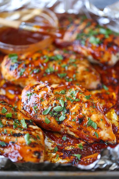 SUB G Hughes sugar free BBQ sauce BBQ Chicken Breasts - The most tender, juicy chicken grilled to PERFECTION, smothered in a thick, homemade BBQ sauce. You can also make this ahead of time! Bbq Sauce Chicken Breast, Grilled Bbq Chicken Breast, Bbq Chicken Breast Recipe, Grilled Chicken Breast Recipes, Summer Bbq Recipes, Bbq Chicken Breast, Chicken Grilled, Grilled Bbq Chicken, Chicken Breast Recipe