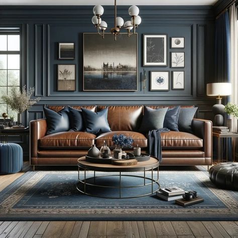 Dark Brown White And Blue Living Room, Masculine Blue Living Room, Navy Blue And Brown Living Room, Blue And Brown Living Room, Blue Family Room, Brown Leather Sofa Living Room, Mood Room, Brown Leather Couch Living Room, Brown Leather Furniture