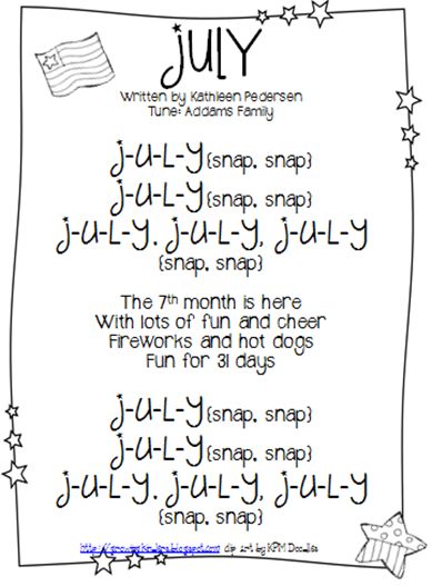 Poems/songs for each month of the year...use during Calendar time. Month Songs Preschool, Daycare Songs, 4th Of July Songs, Calendar Songs, Months Song, Kindergarten Calendar, Preschool Calendar, Circle Time Songs, Kindergarten Songs