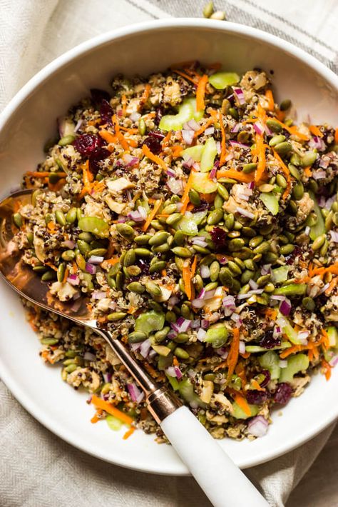 Quinoa Chicken Salad with Balsamic Dressing - Little Broken Quinoa Chicken Salad, Cranberry Quinoa Salad, Rotisserie Chicken Recipes Leftover, Easy Quinoa Salad, Chicken Quinoa Salad, Crunchy Veggies, Salad With Balsamic Dressing, Easy Quinoa, Fall Salad