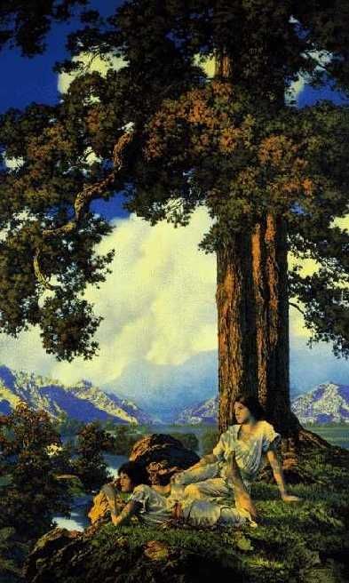 "Hilltop" by Maxfield Parrish Maxfield Parrish, Robert Motherwell, Fairytale Art, Jackson Pollock, Keith Haring, Art And Illustration, American Artists, A Tree, Etching