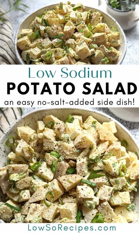 Low Sodium Potato Salad Recipe (No Salt Added) Sodium Free Foods, Low Sodium Salad Recipes, Low Sodium Bean Recipes, Low Sodium Potato Salad, Low Sodium Potato Recipes, Low Sodium Chinese Food Recipes, Low Sodium Thanksgiving Recipes, Low Sodium Lunch Ideas For Work, Low Sodium Pasta Salad