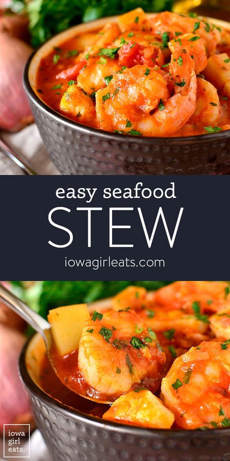 Easy Seafood Stew - Iowa Girl Eats Easy Stew Recipes, Cioppino Recipe, Seafood Stew Recipes, Fish Stew Recipes, Delicious Seafood Recipes, Seafood Stew, Easy Seafood, Seafood Soup, Cooking Seafood