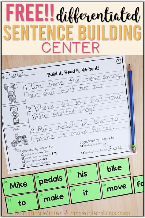 Get these free sentence building activities for your kindergarten, first grade, and 2nd grade students. Sentence building is a fun literacy writing center to help students practice writing conventions and build reading fluency skills. The sentences are differentiated (emergent and early fluent sentences) so ALL your students will achieve success while working independently at learning centers. #sentencebuildingactivities #freeliteracycenters #readingfluencypractice #sentencewritingideas Differentiated Centers First Grade, Building Sentences 2nd Grade, 2nd Grade Centers Literacy, Fluency Center 1st Grade, Writing Complete Sentences 1st Grade, Writing Centers 2nd Grade, 2nd Grade Independent Work, Sentence Practice First Grade, First Grade Ela Centers