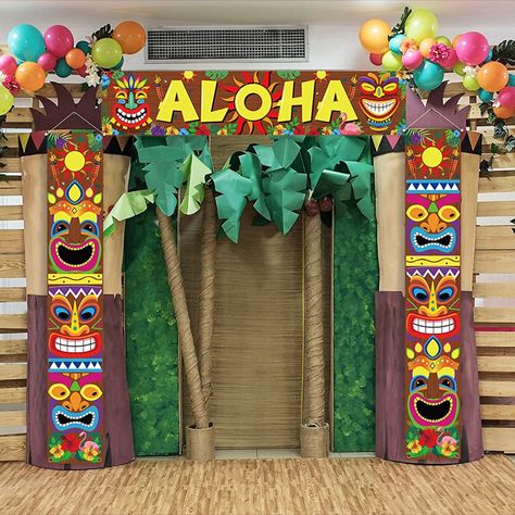 Lighted Tiki Banners Aloha Tropical Moana Flamingo Door Porch Signs Wall Hanging Decor Supplies(Not Include Battery) #summer #party #diytikidecoration #tiki #tikidecoration #diytiki Luau Dance, Quad Day, Hawaiian Luau Party Decorations, Hawaii Themed Party, Jungle Background, Luau Decorations, Hawaii Theme, Luau Party Decorations, Aloha Party